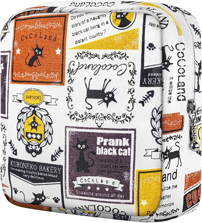 Period Bag Pouch, Canvas Sanitary Napkin Storage Bag for Girls Womens, Portable Sanitary Napkin Period Pad Pouch for Purse, Small Make Up Bags(Retro Cat)