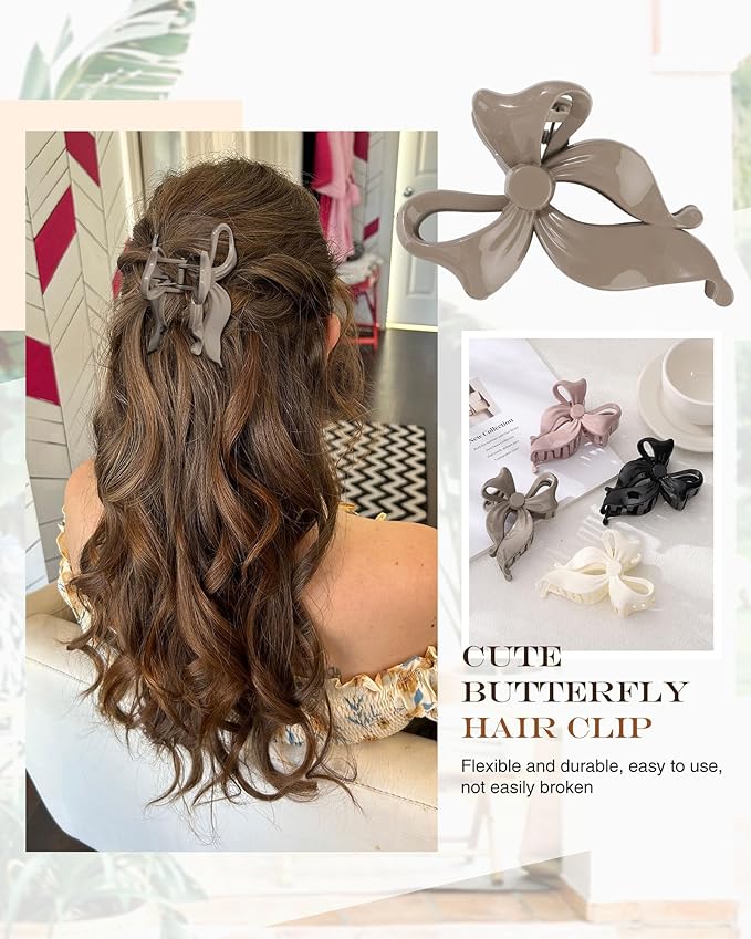 4 PCS Bow Hair Clips Bow Claw Clip for Women, Large Hair Claw Clips for Thin Thick Long Hair Cute Nonslip Bows(White+Black+Grey+Naked Pink)