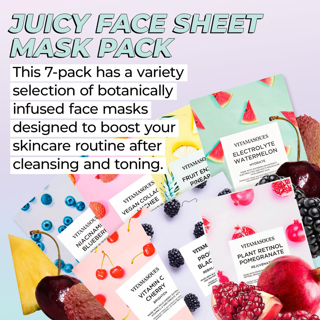 Vitamasques Korean Face Mask Set, 7-Pack Juicy Collection Triple-Layer Sheet Masks for Hydrating, Brightening & Pore Care | Vegan K-Beauty Face Masks Skincare for Radiant Glow