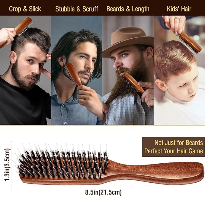 URTHEONE Premium Boar & Nylon Bristle Grooming Set - Sapele Wood Handle Hair & Beard Brush with Cleaning Brush & Folding Scissors