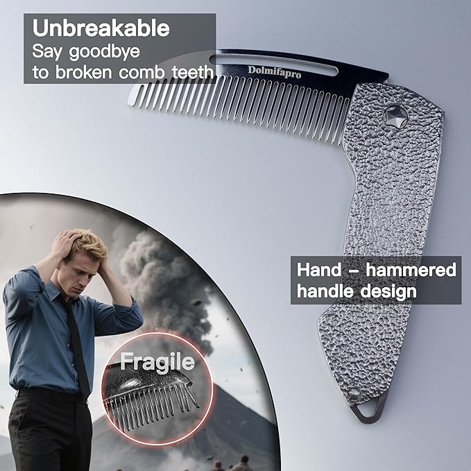 Dolmifapro Small Folding Mustache Comb, Metal Beard Comb for men EDC Pocket Mini Portable Fits In Keychain Anti-Static (Hammer Pattern)