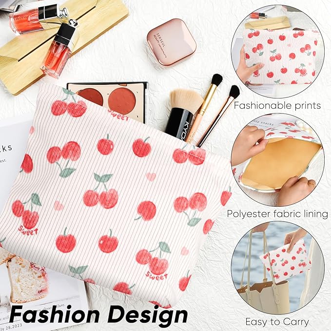 Ksriylm Cute Makeup Pouch for Women Cherry Small Make Up Bag for Purse Zipper Initial Cosmetic Bags Pouches for Purse Aesthetic Travel Toiletrybags, Red Cherries