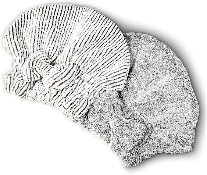 SportMore Microfiber Hair Towel Wrap, Soft Absorbent & Quick Drying Cap Set for Curly Thick Hair, Women & Girls - 2 Pcs (Stripe & Gray)