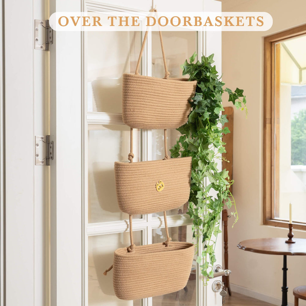 TeoKJ Over the Door Hanging Basket, 3-Tier Woven Cotton Wall-Mounted Storage Organizer Bag Decorative Hanging Nursery Baskets, Jute