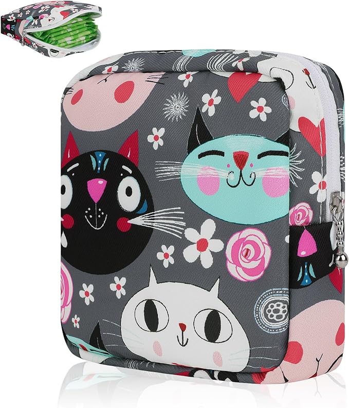 Desing Wish Sanitary Pad Storage Bag Portable Period Bag for Teen Pads/Sanitary Napkins/Small Tampons, Sanitary Napkin Storage Bag First Period Gifts for Teen Girls (Grey Cats)