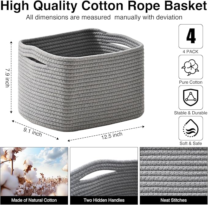ICERZCZ Small Storage Baskets for Shelves Organizing, Woven Cotton Rope Baskets for Storage, Book Basket, Decorative Shelf Basket, 12.5"Lx9.1''Wx7.9''H (4 Packs) Grey