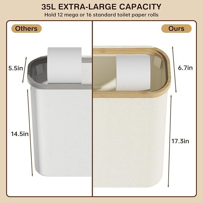 Toilet Paper Storage Basket with Lid and Handle, Foldable Toilet Paper Basket Organizer for Bathroom, Large Capacity Toilet Paper Holder with Storage for 12 Mega or 16 Regular Rolls, Beige