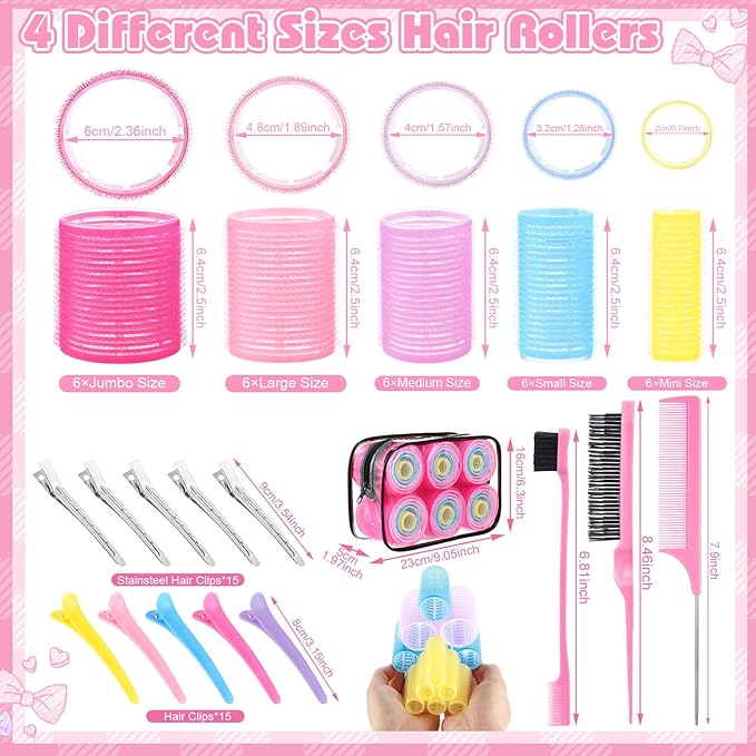 5 Sizes Self Grip Hair Rollers Set, 64 Pcs Rollers Hair Curlers with Clips Comb for Long Medium Short Hair (60 48 40 32 20mm), Multicolor
