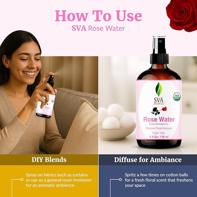 SVA ORGANICS Rose Water, Glass Bottle with Spray, 4 Fl Oz (118 ml)