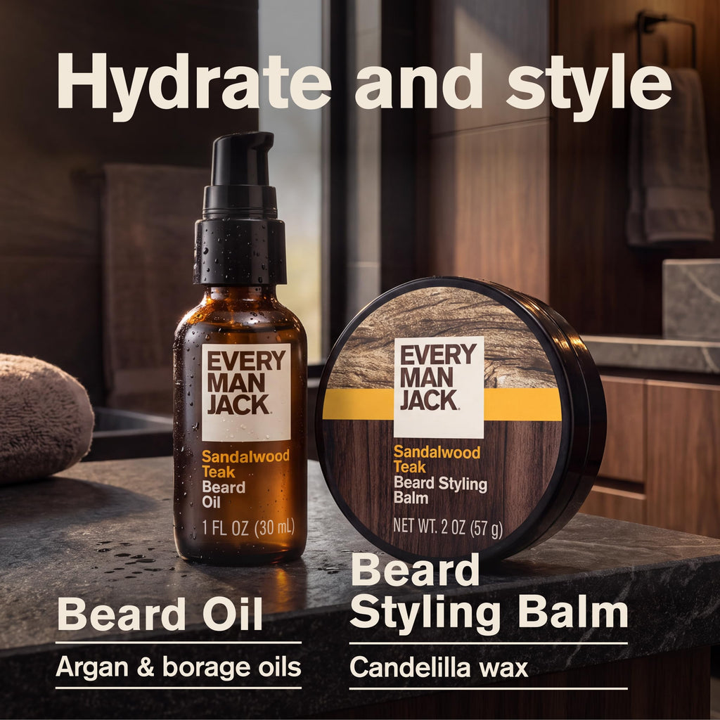 Every Man Jack Essential Beard Care Kit for Men, Sandalwood Teak, Gift Set