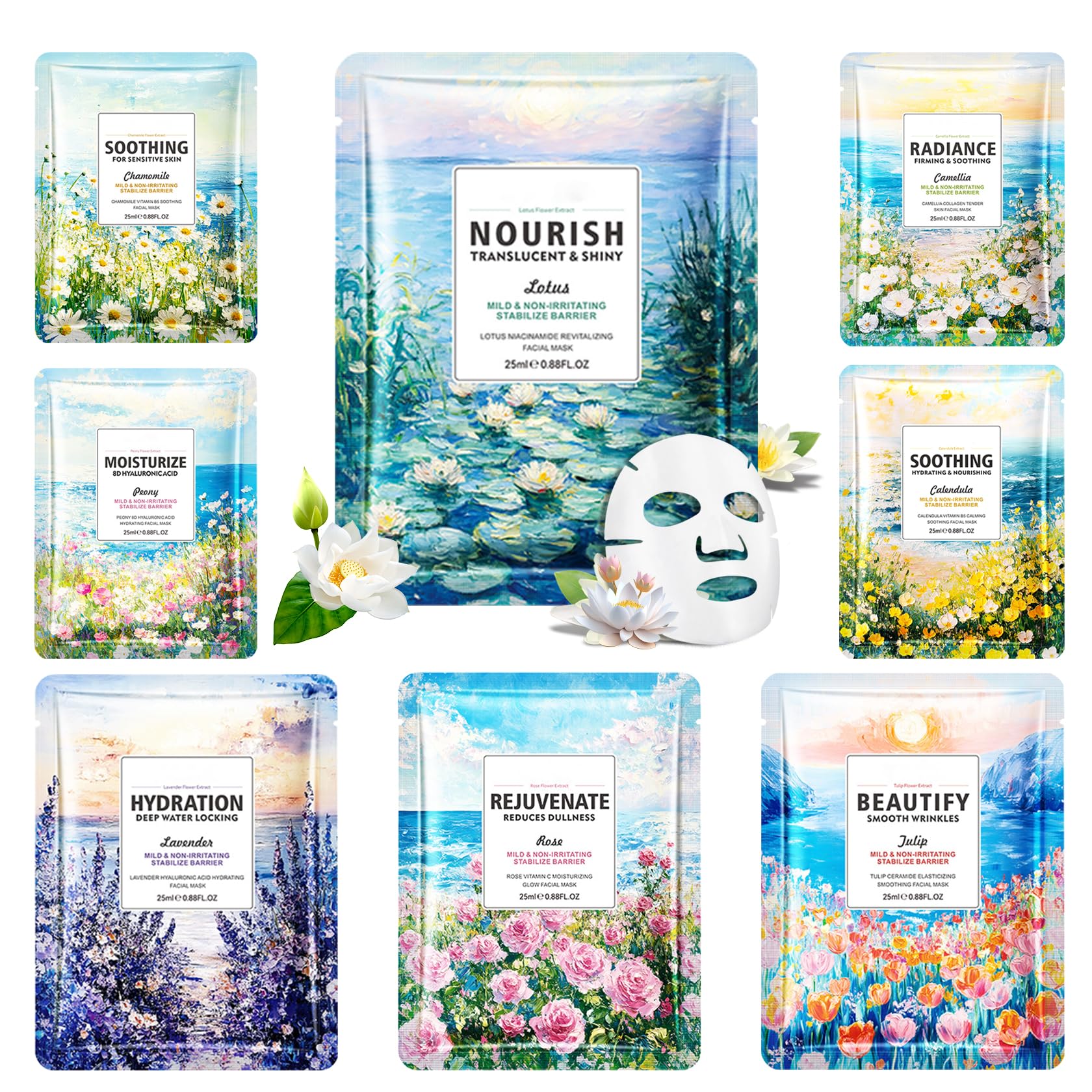 8 Pack Variety Facial Sheet Masks Skin Care Set, Hydrating Bulk Sheet Face Masks Skincare Gifts Set for Women Men, Long Lasting Moisturizing Face Mask Skincare for All Skin Type（13)