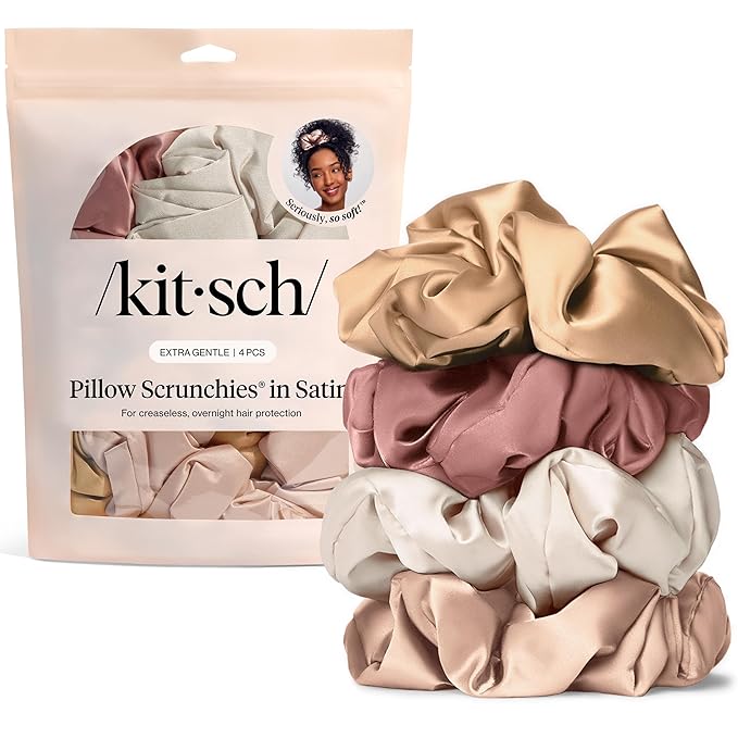 Kitsch Pillow Satin Scrunchies for Women - Hair Ties No Damage, No Crease Hair Accessories | Perfect for Day or Night - Blush, 4pcs