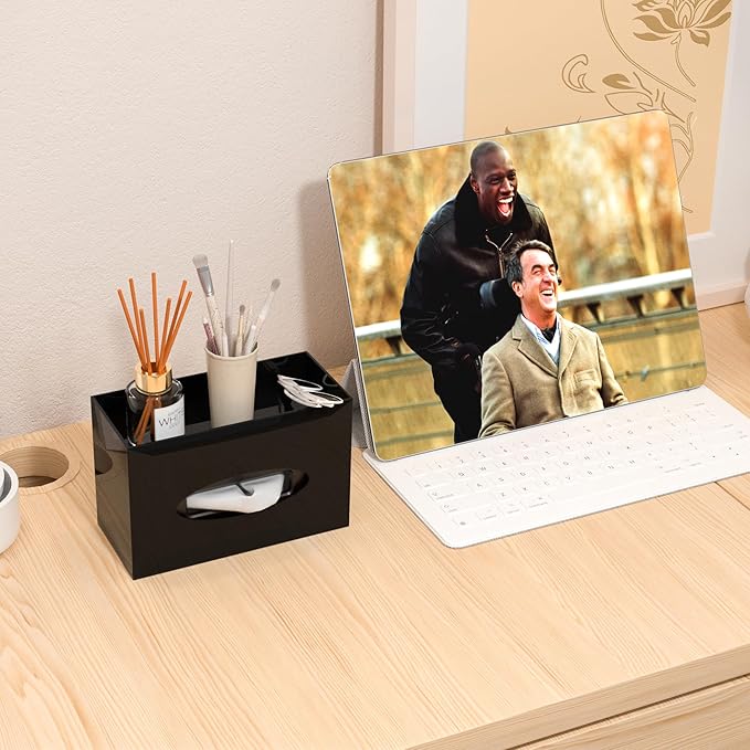 Hongtuocb Black Acrylic Tissue Box Cover Rectangular,Acrylic Tissue Dispenser with Storage Tray for Bathroom Kitchen Home Office (Black, 9.85x4.5x6.3)