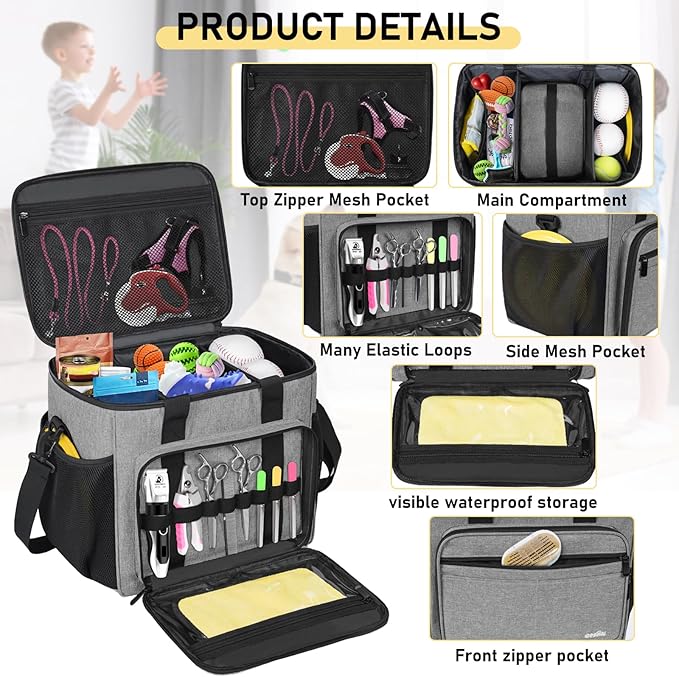 GMAK Pet Grooming Bag, Dog Grooming Tote Bags Supplies Organizer Case Pets Tools Organizer Tote for Dog Cat Grooming Tool Kit and Accessories, Grey(Bag Only)