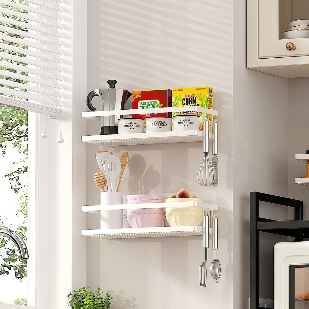 PUSDON 2-Pack Minimalist Shower Caddy Wall Mount, Open Frame Bathroom Shelf Organizer with Mesh Base, Rustproof Floating Spice Rack for Kitchen, Holds 50 LBS, 4 Hooks - White, Guardrail