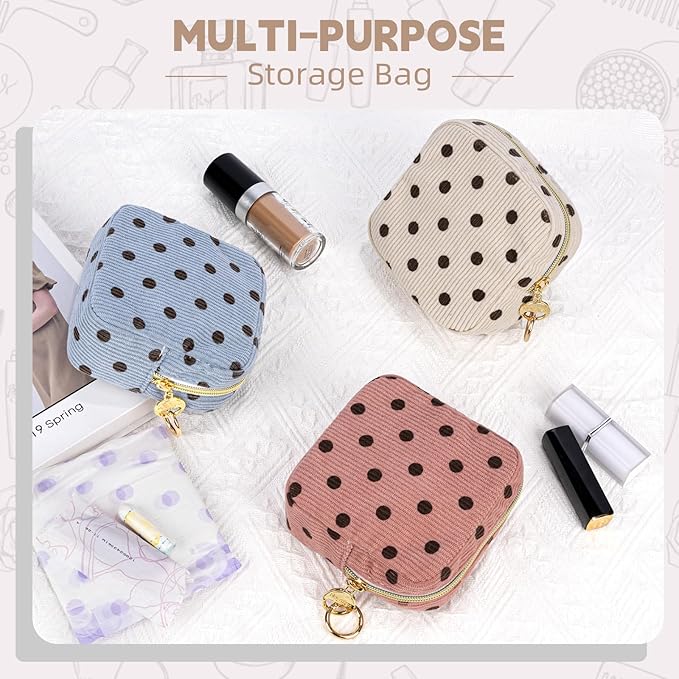 Period Bag for Teen Girls, Corduroy Cute Sanitary Napkin Storage Bag, Menstrual Pad Pouches Tampon Holder for Purse (Blue-Polka Dots)