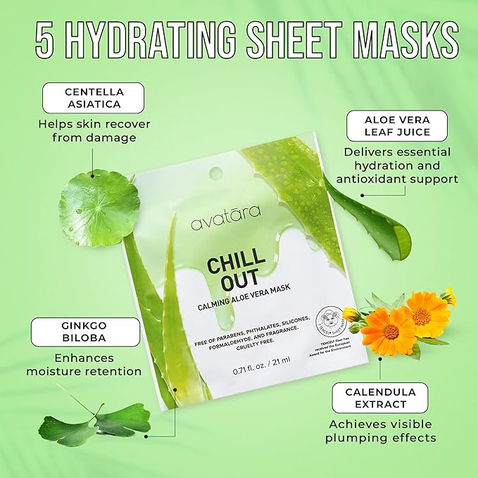 Avatara Chill Out Facial Mask 5 Sheets, Hydrating Mask, Sheet Masks, Face Mask Skincare Beauty Essential Made with Hydrating Hyaluronic Acid & Moisturizing Aloe, for Stressed-Out Skin, 5 Pack