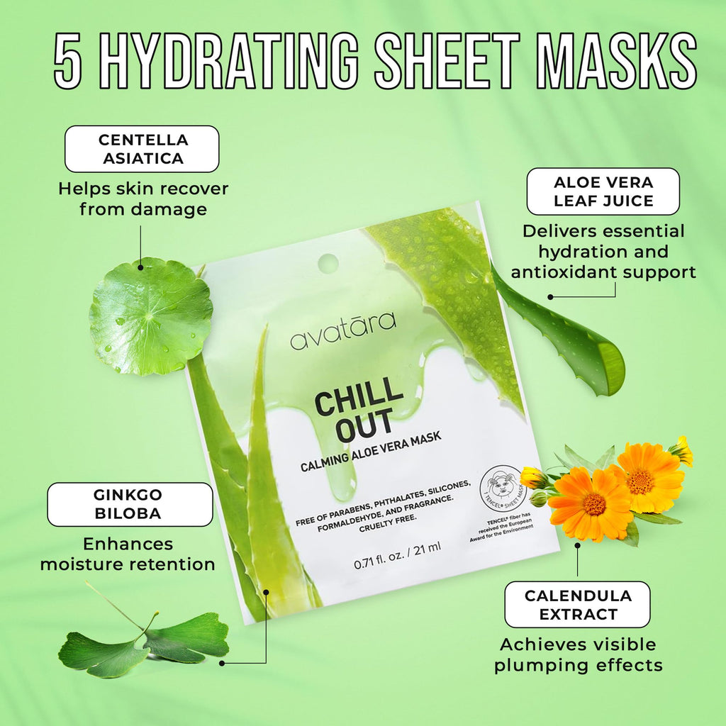 Avatara Chill Out Facial Mask 5 Sheets, Hydrating Mask, Sheet Masks, Face Mask Skincare Beauty Essential Made with Hydrating Hyaluronic Acid & Moisturizing Aloe, for Stressed-Out Skin, 5 Pack