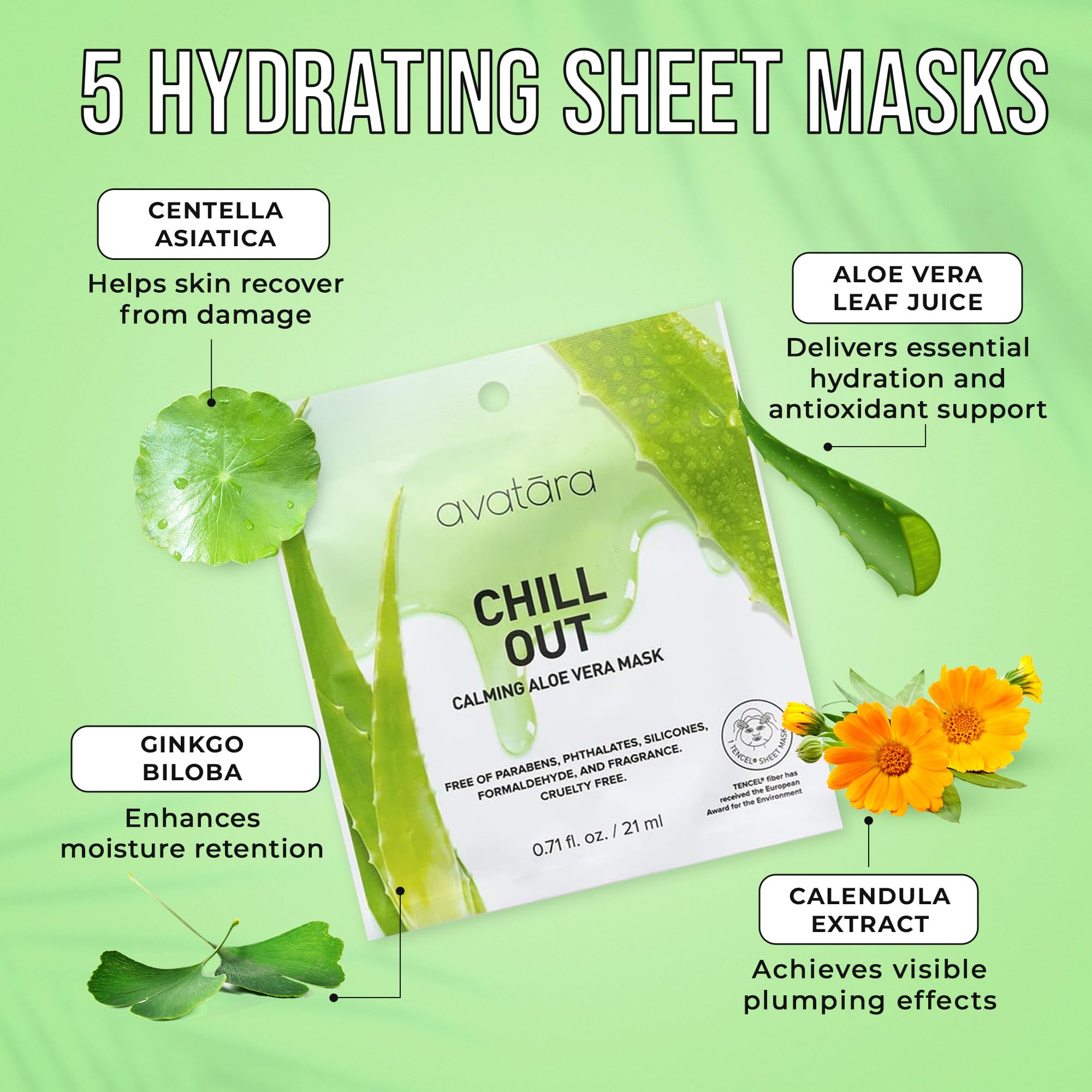 Avatara Chill Out Facial Mask 5 Sheets, Hydrating Mask, Sheet Masks, Face Mask Skincare Beauty Essential Made with Hydrating Hyaluronic Acid & Moisturizing Aloe, for Stressed-Out Skin, 5 Pack