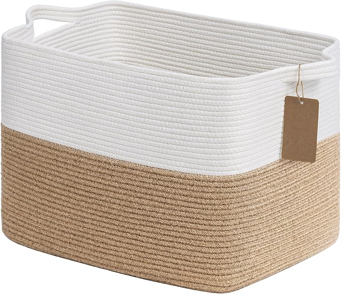Goodpick Extra Large Woven Rope Storage Basket, Rectangle, Light Gray