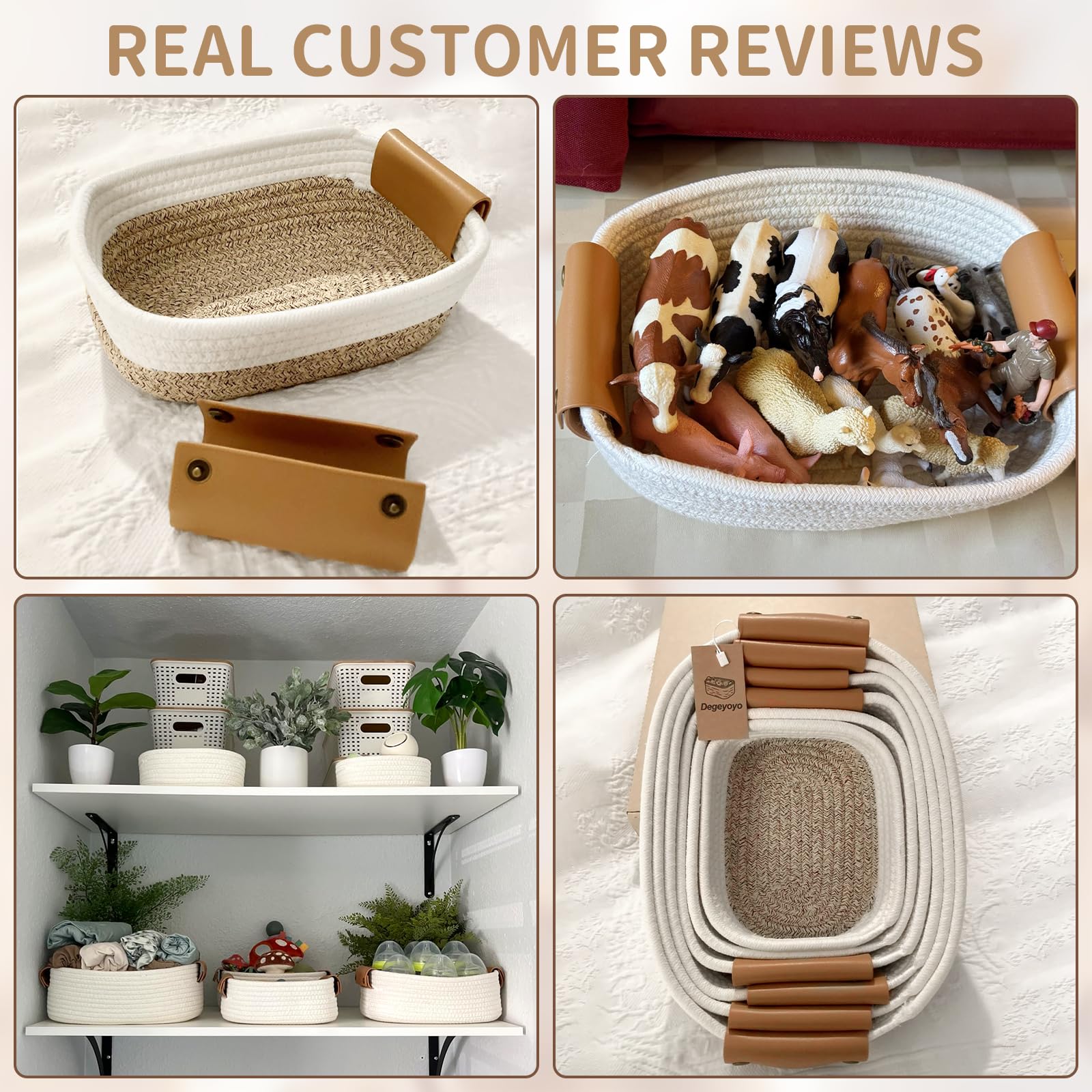 Storage Baskets for Organizing, Small Woven Basket Set of 6-4 Shelf Basket with Leather Handle and 2 Small Gift Baskets, Cotton Rope Basket for Shelves, Nursery, Dog Toy, Bathroom