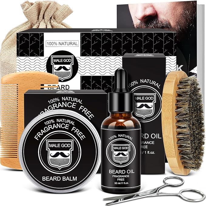 MALE GOD Beard Kit for Men's Grooming & Care, Natural Ingredients Beard Oil, Balm, Brush, Comb, Stocking Stuffers for Adult Men, Chirismtas & Birthday Gifts for Men Dad Him Husband Boyfriend Brother
