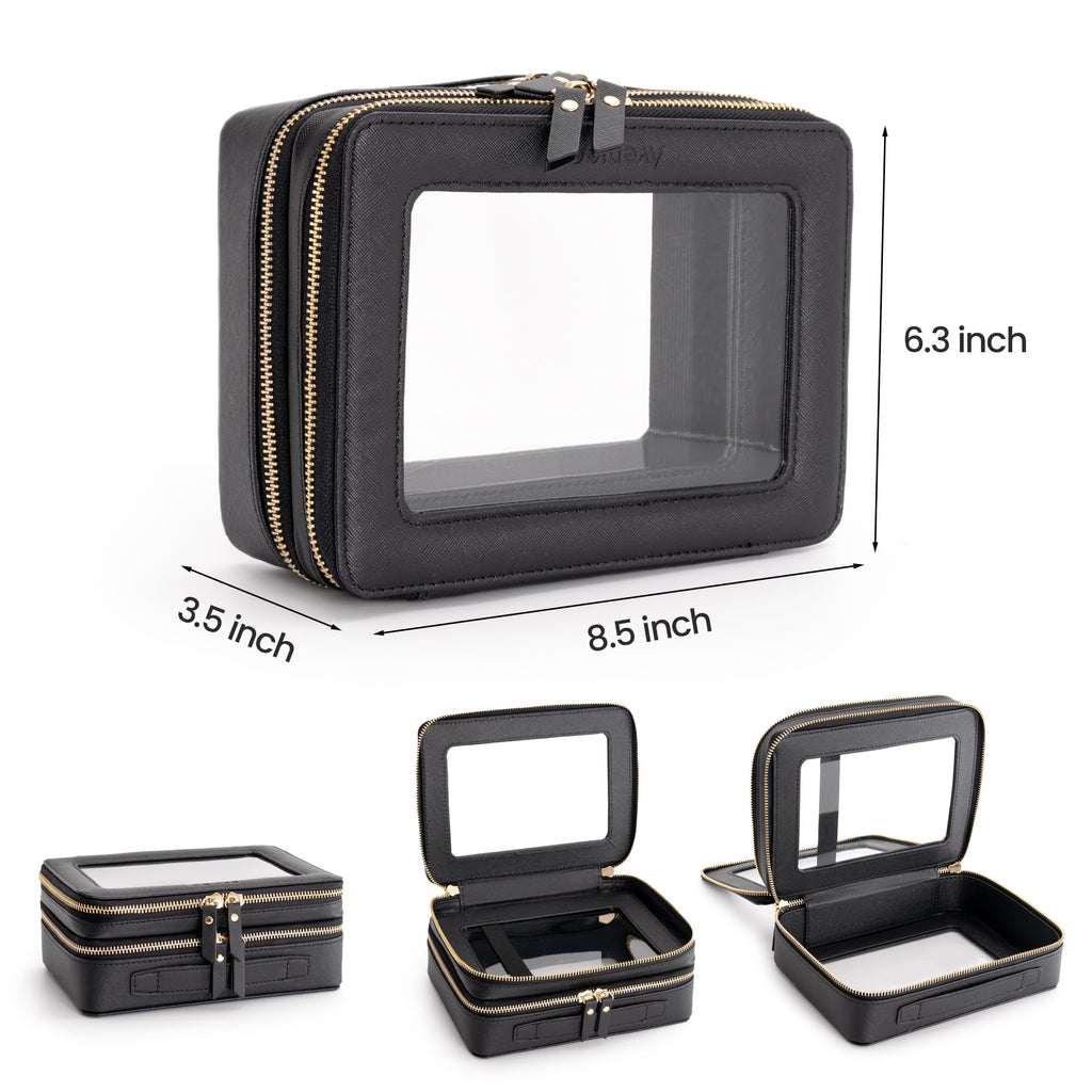 Aveniee Clear Makeup Bags,Double Layer Cosmetic Bags with Separate Brush Compartment,Large Travel Toiletry Bag Cosmetic Case,Travel Accessories Organizer for Women,2 Layers,Black