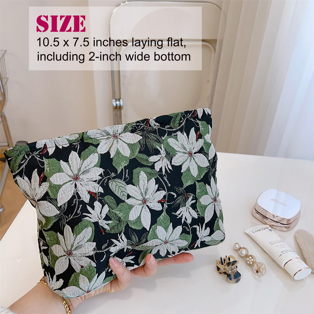 HAPPYHEIDI Large Makeup Bag Travel Cosmetic Pouch, White Florals