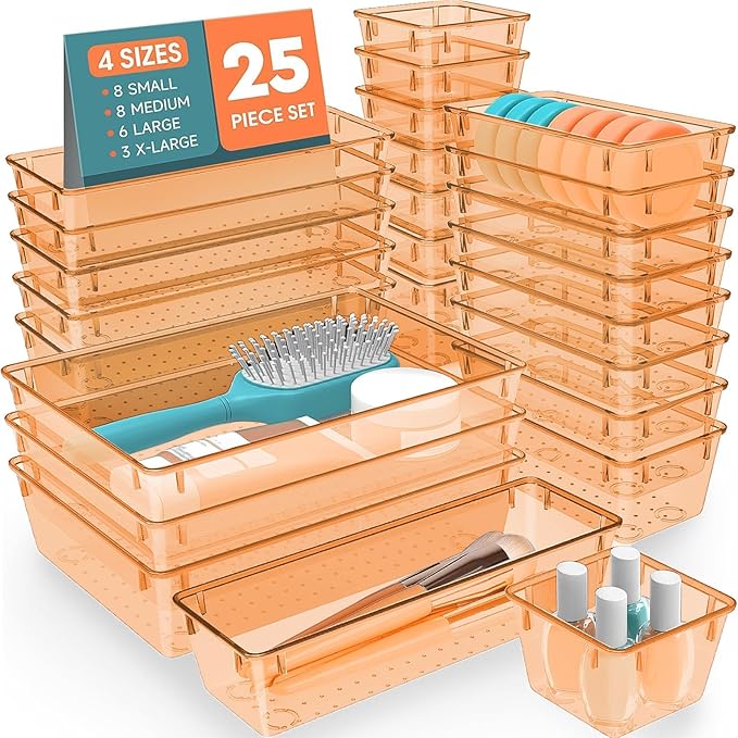SpaceHacks 25 PCS Plastic Drawer Organizer, 4-Size Versatile Organizer Trays & storage Bins