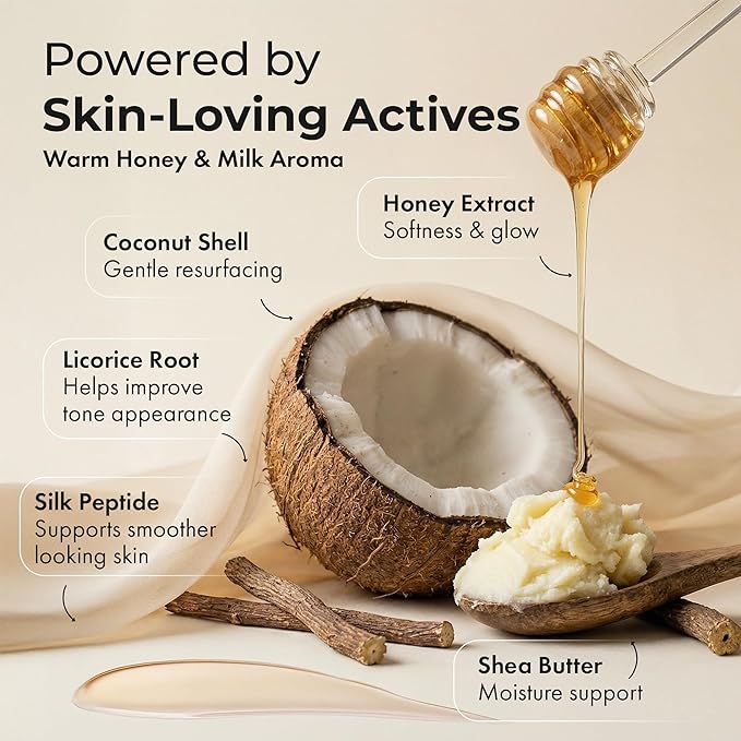 Silk Peptide Body Polish Gentle Exfoliant - Honey & Coconut Body Scrubs with Shea Butter, Exfoliants & Hydrating Oils for Smooth, Glowing Skin – Deep Moisturizing & Radiance Boosting Formula