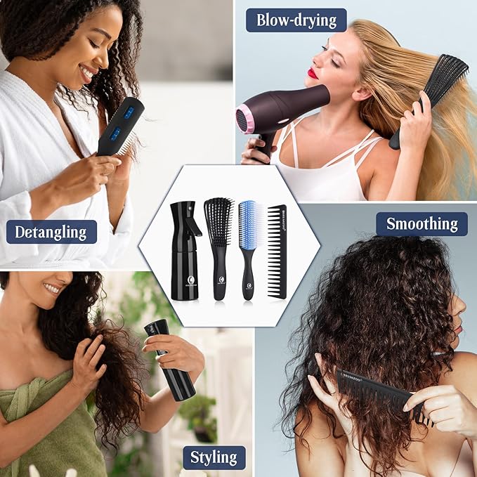 Hair Brush Set, Detangler Brush for Natural 3/4abc Curly Hair, Hair Brushes for Women Men Kids Detangling Styling with Spray Bottle (Blue)