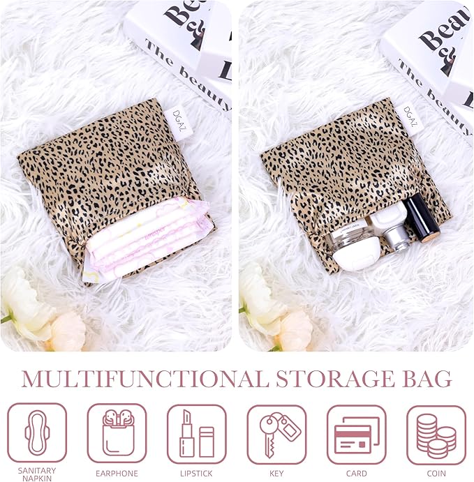 DGAZ Sanitary Napkin Storage Bag, Period Bag for Teen Aged Girls, Portable Period Bag for Panty Liners/Menstrual Cup/Small Tampons，Mini Makeup Bag for Purse(Leopard C)