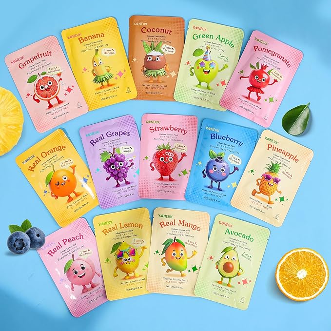 28 Pack Fruit Face Masks Skincare for Kids Girls, Sheet Collagen Face Mask for Women Skin Care, Bulk Hydrating Facial Mask for All Skin Types, Sleepover Party Supplies and Party Spa Gifts for Teens