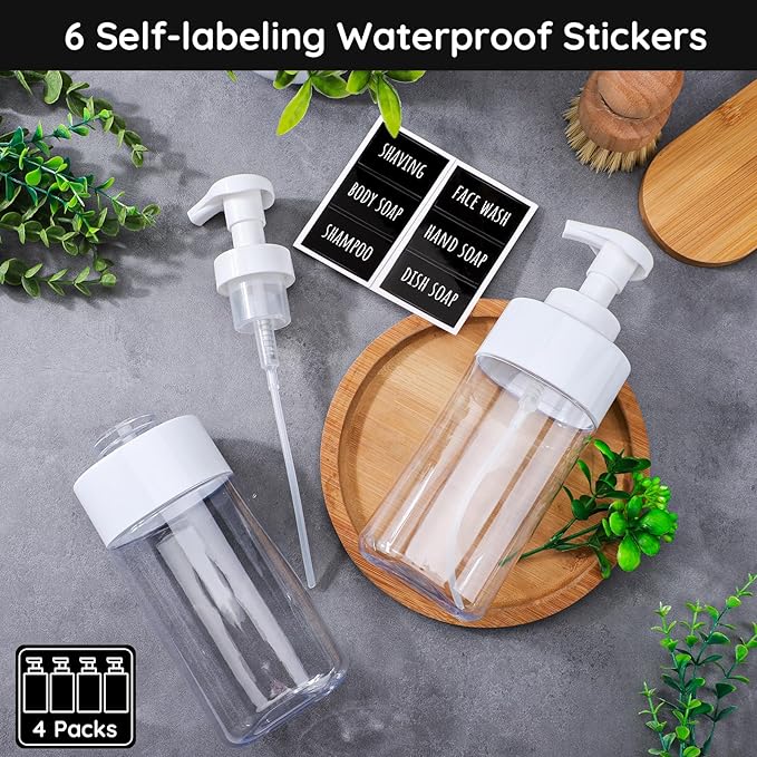 Segbeauty Foaming Soap Dispenser, 4 Packs 16.9oz Clear Plastic Foaming Pump Bottle Containers, 500ml Empty Refillable Foam Hand Soap Lotion Dispenser Set with Waterproof Labels for Bathroom Kitchen