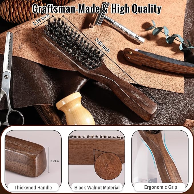 GAINWELL Mens Hair Brush Beard Comb Set, Slick Back Boar Bristle Hair Brush with Stiff Bristles for Thick Hair, Natural Black Walnut Gold Sandalwood Handle, Beard Mustache Brushes Comb Kit