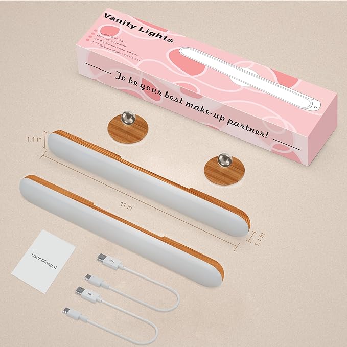 Benreom 2 Pack Rechargeable Vanity Lights for Mirror, Light Wood