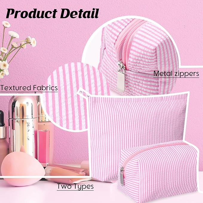 2 Pcs Makeup Bag Set Cute Cosmetic Pouch for Women Seersucker Travel Toiletry Bag Preppy Small Makeup Purse Pouch Aesthetic Skincare Brushes Storage Organizer for Valentine Women(Pink)