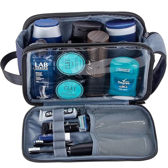ZEEMO Trevel Toiletry Bag for Men, Full Open Dopp Kit with Dual Compartment