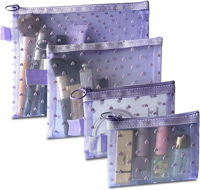 TRAKWAN 4-Piece Heart Printed Mesh Makeup Bag Set, Portable Travel Cosmetic Bags Toiletry Bags Makeup Purse Bags Zipper Storage Pouches for Home Offices Travel Accessories (Light Purple)