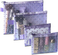 TRAKWAN 4-Piece Heart Printed Mesh Makeup Bag Set, Portable Travel Cosmetic Bags Toiletry Bags Makeup Purse Bags Zipper Storage Pouches for Home Offices Travel Accessories (Light Purple)