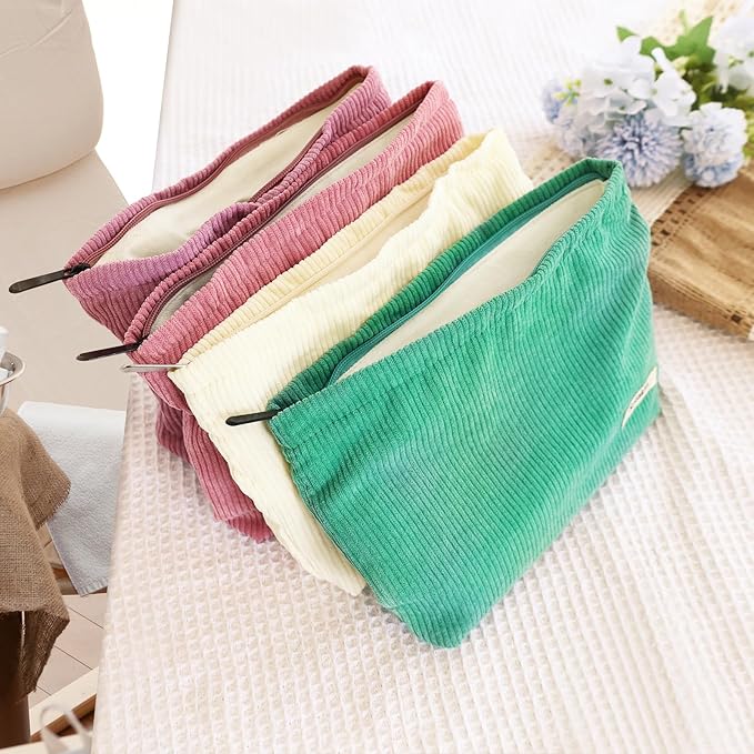 ZLFSQR Corduroy Makeup Bag for Women Small Corduroy Cosmetic Bag Large Cute Travel Makeup Pouch for Purse White Cloth Cosmetic Pouch Zipper Storage Organizer Canvas Toiletry Bags