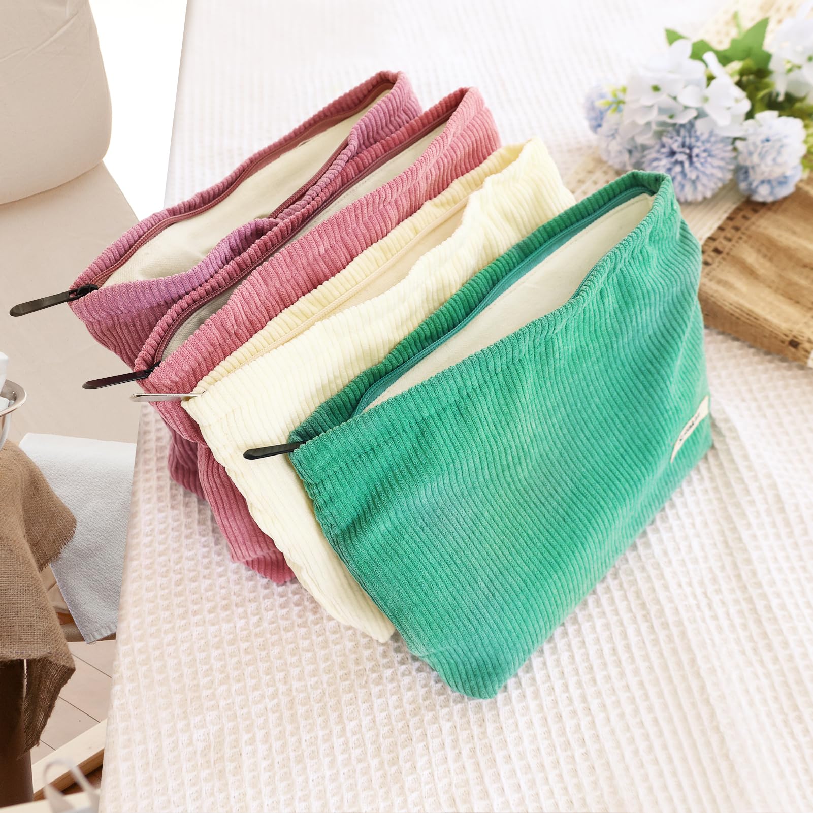 ZLFSQR Corduroy Makeup Bag for Women Small Corduroy Cosmetic Bag Large Cute Travel Makeup Pouch for Purse White Cloth Cosmetic Pouch Zipper Storage Organizer Canvas Toiletry Bags