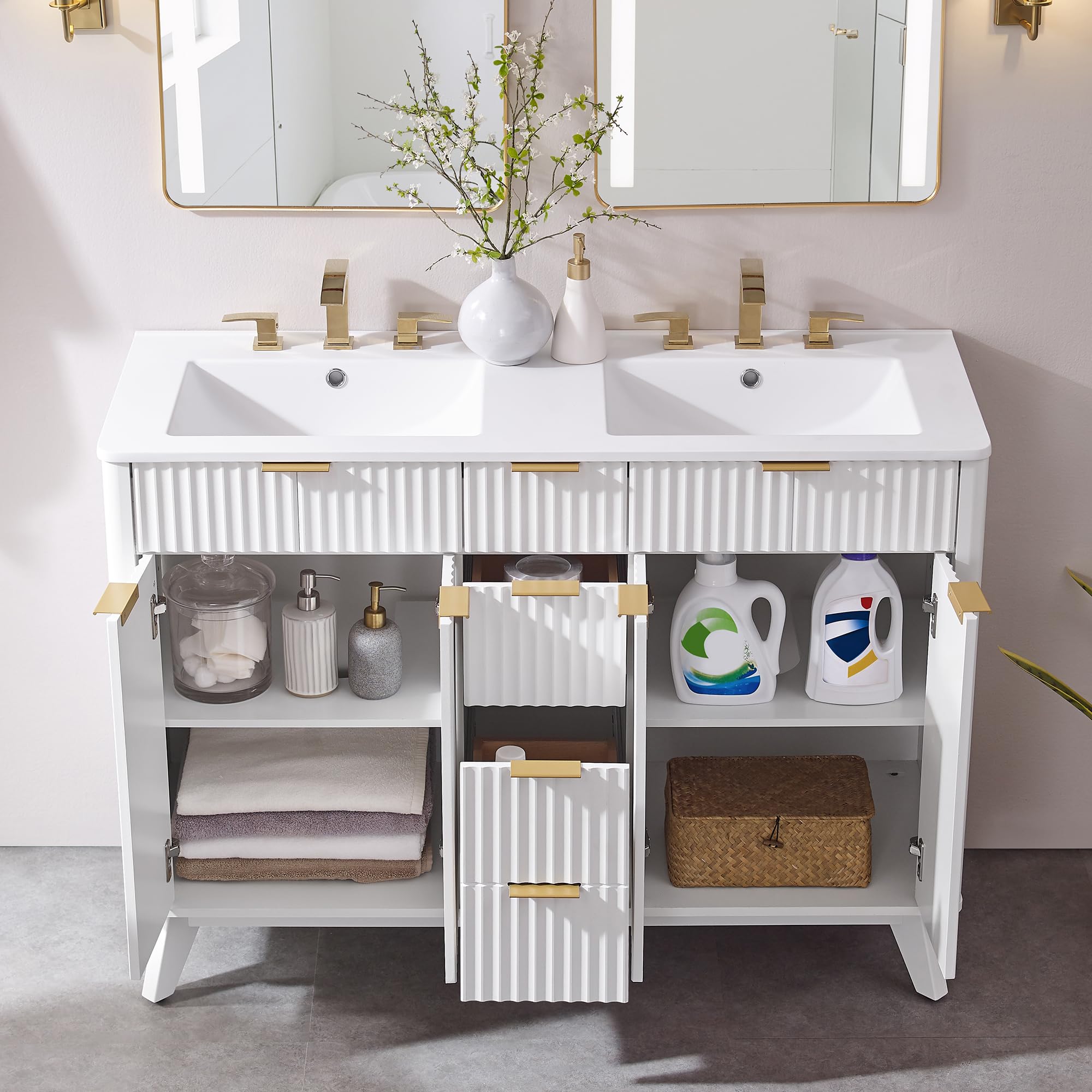 T4TREAM 48" Fluted Bathroom Vanity with Resin Sink Combo, White