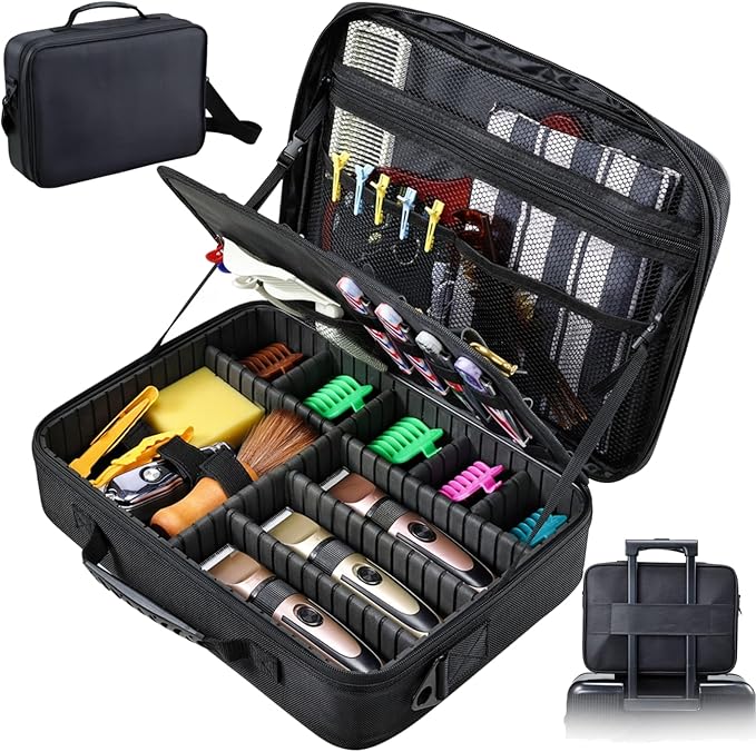 Yueieoun Professional Barber Clipper Case Organizer Bag with Adjustable Dividers, Detachable 6-Slot Scissors Panel, Travel Grooming Tool Storage - Fits Wahl/Andis/Hatteker