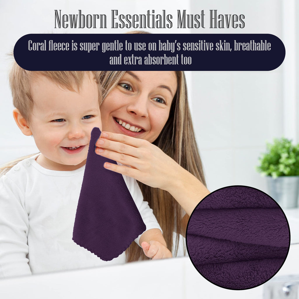 16 Pack Baby Washcloths - Luxury Coral Fleece - Extra Absorbent and Soft Wash Clothes for Newborns, Infants and Toddlers - Suitable for Sensitive Skin and New Born - Baby Shower - Plum, 10x10 Inch