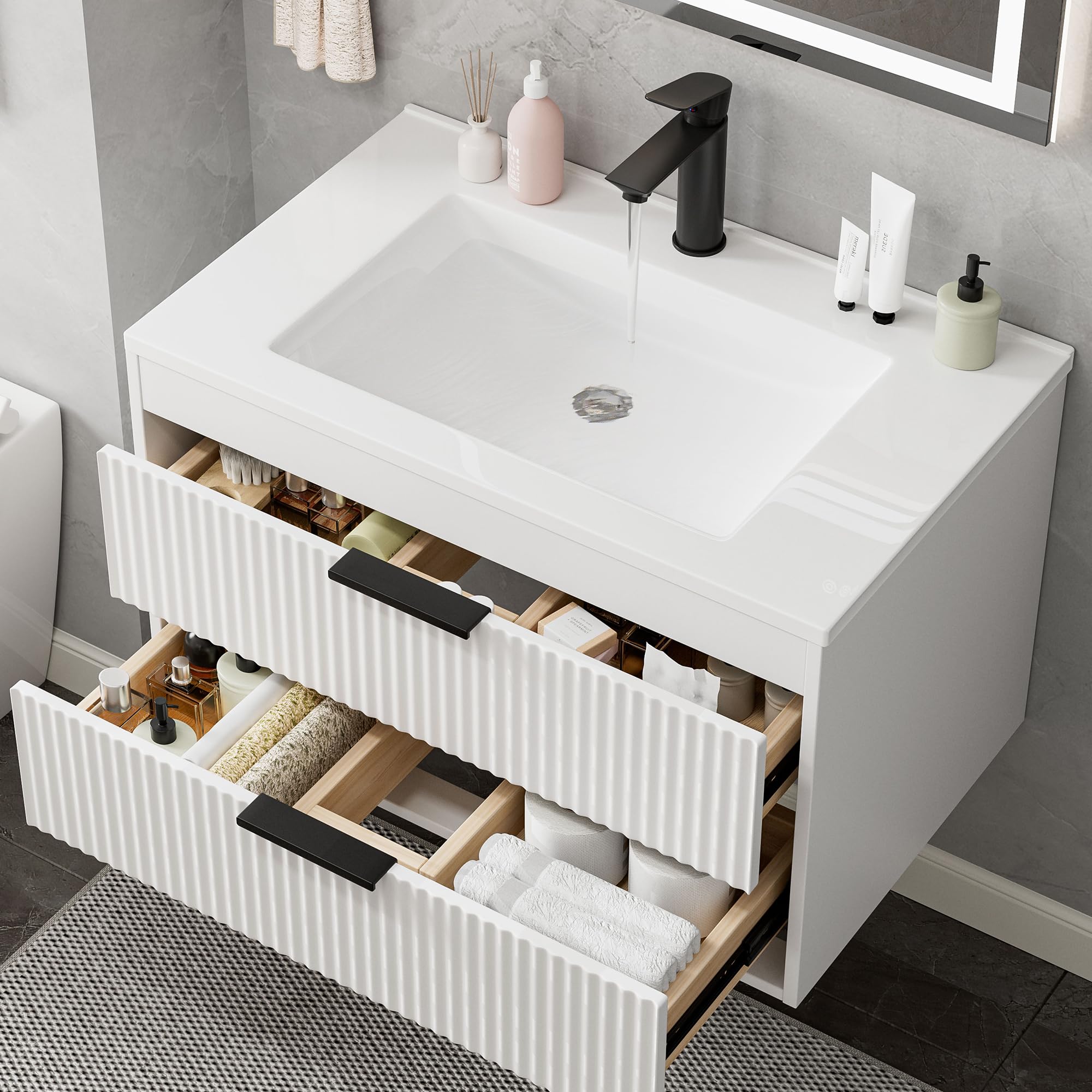 30 Inches Modern MDF Bathroom Vanity with Sink, Wall Mounted Floating Cabinets w/Double Drawers, Black Handles, White Resin Sink Combo Set (White, 30")