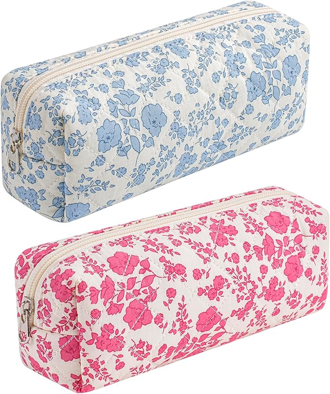 HHQQWZ Cute Floral Cotton Makeup Brush Cosmetic Bag for Women, Travel Quilted Zipper Make Up Bag, Flowers Toiletry Organizer Case Kawaii Makeup Cosmetic Travel Cloth Pouch (Blue+Big Red Floral)