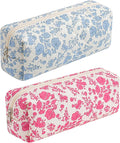 HHQQWZ Cute Floral Cotton Makeup Brush Cosmetic Bag for Women, Travel Quilted Zipper Make Up Bag, Flowers Toiletry Organizer Case Kawaii Makeup Cosmetic Travel Cloth Pouch (Blue+Big Red Floral)
