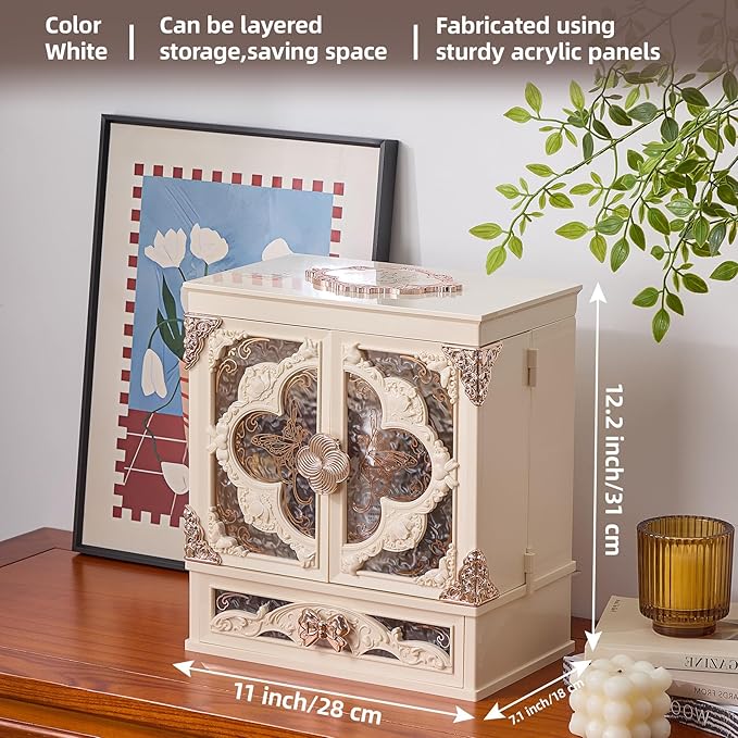 Makeup Box Organizer with LED Mirror Vintage Cosmetic Storage Cabine White