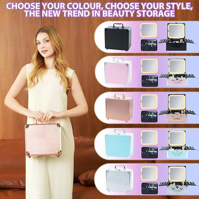 Makeup Organizer Box with Detachable Lighted Mirror, Travel Train Cosmetic Case, Adjustable Divider Storage Bag, Portable Artist Storage Suitcase with Magnetic LED Mirror (Light Pink)